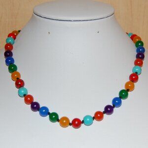 Gemstone Necklace,Knotted Multi Color Stone Necklace,Colorful Necklace,8mm Beads